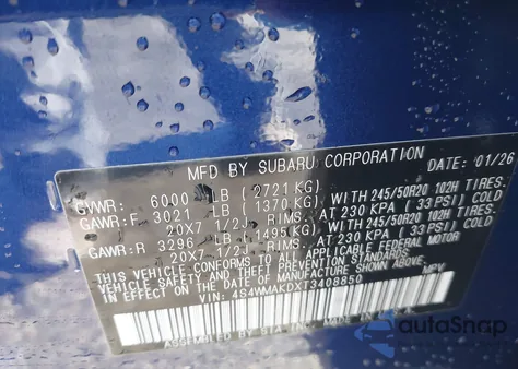 2026 Subaru Ascent из США, поврежденный, VIN 4S4WMAKDXT3408850